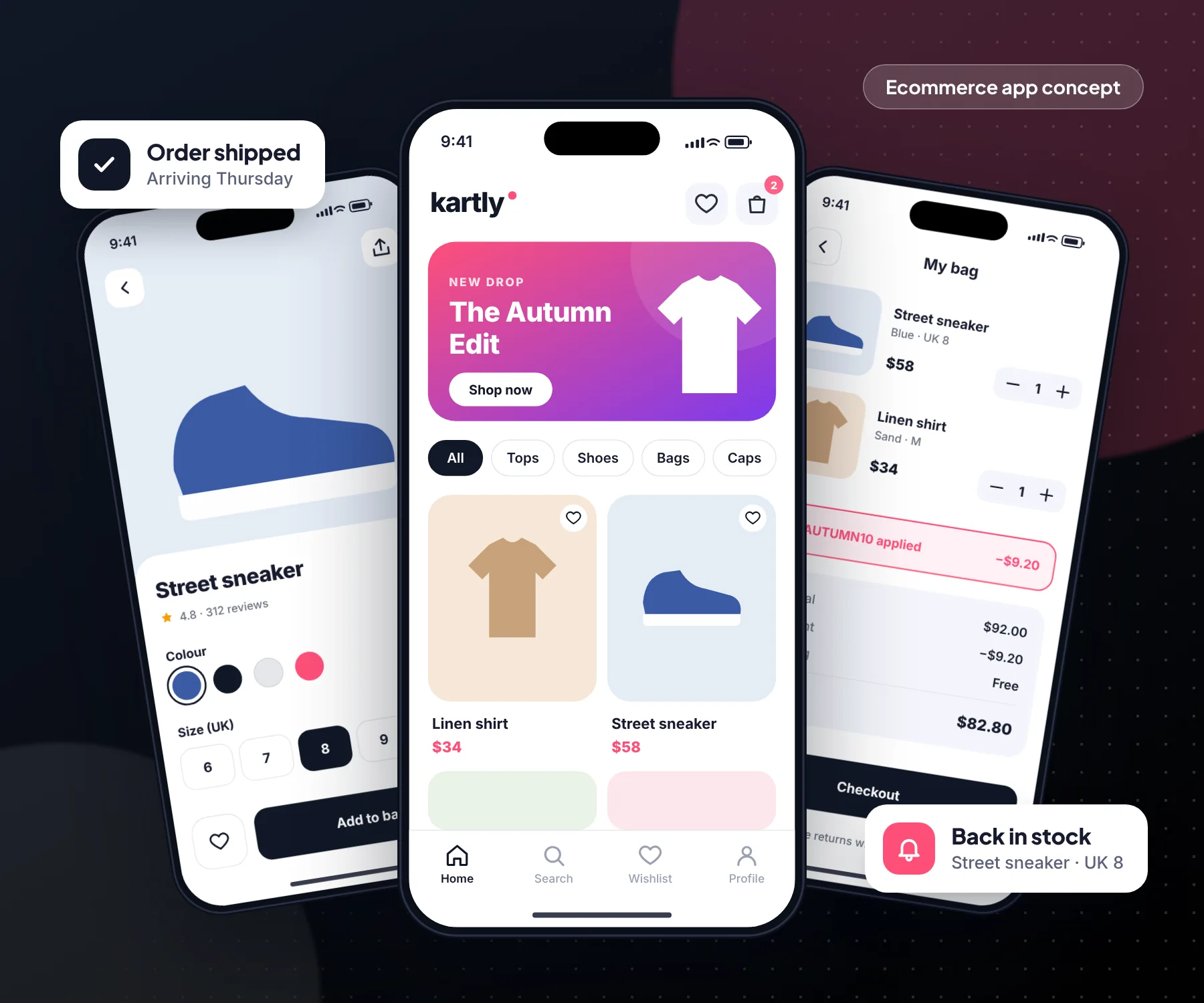 Kartly ecommerce app screens designed by our team