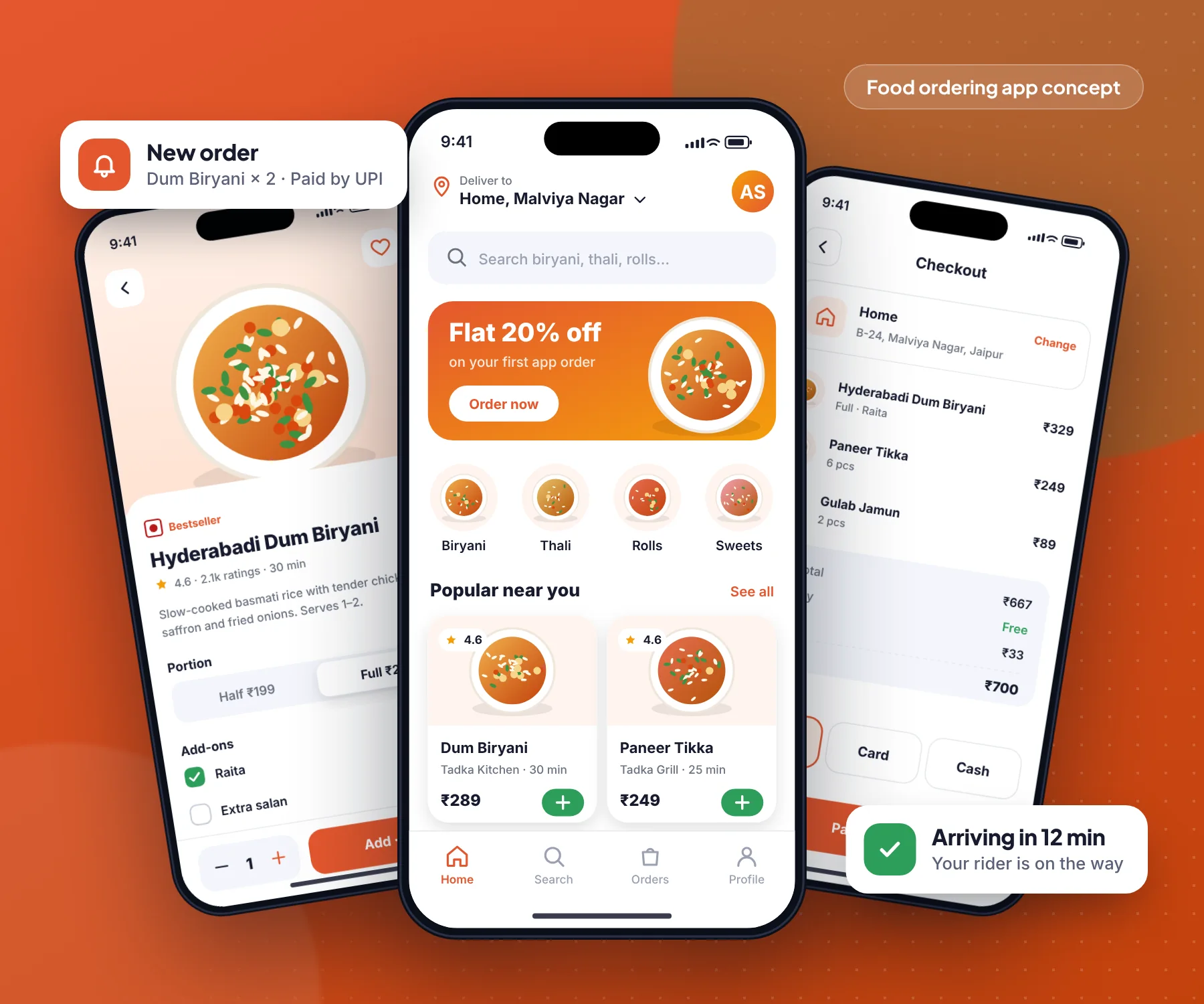 Tadka food ordering app screens designed by our team